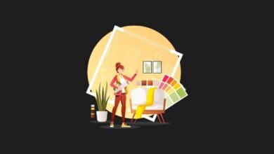 a woman standing in front of a blueprint