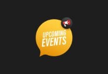 a yellow speech bubble with a megaphone and white text