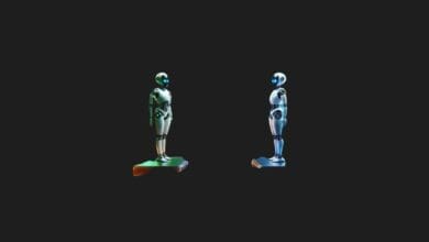 two robots standing on a black background