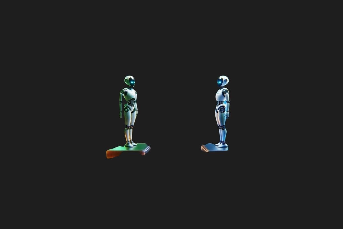 two robots standing on a black background